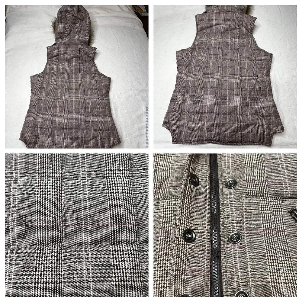 Charlotte Russe Plaid Puffer Vest Faux Fur Hood Brown S Snap Full Zip Pockets - Picture 15 of 16